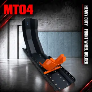 MT04 heavy-duty motorcycle front wheel holder with black body and orange wheel cradle