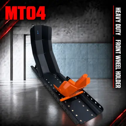 MT04 heavy-duty motorcycle front wheel holder with black body and orange wheel cradle