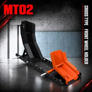 MT02 motocross front wheel holder with black body and orange clamping cradle